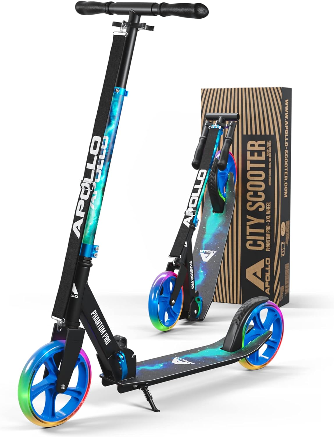 APOLLO Adult Scooter – Folding Kick Scooter for Teens and Adults weighing up to 220 lbs. Foldable, with Big Wheels (XXL), and an LED Light-Up Wheel Option