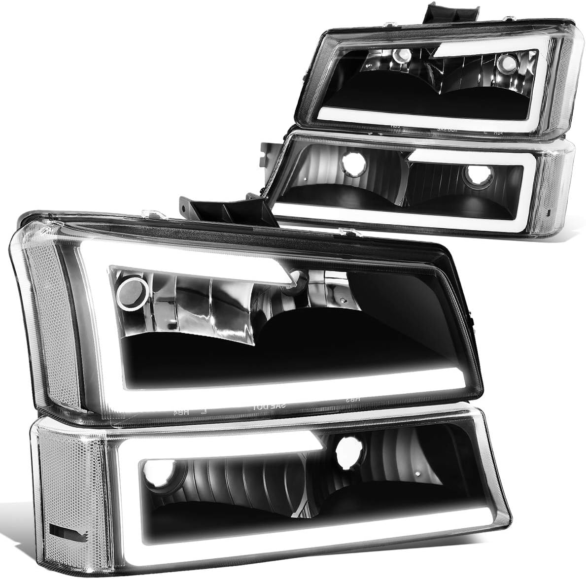 Auto Dynasty 4PCS LED DRL Bumper Headlight Lamps Compatible with Chevy Silverado Avalanche 1500 2500 3500 03-07, Driver and Passenger Side, Black Housing Clear Corner