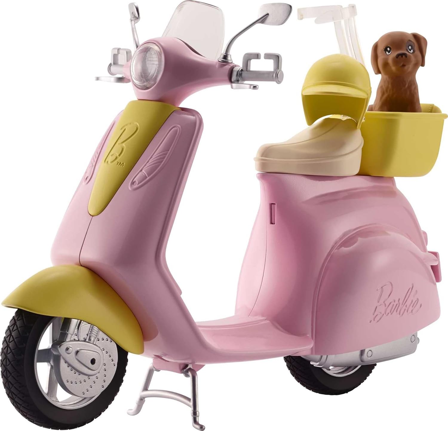 Barbie Scooter with Puppy and Helmet Accessory, Pink and Yellow Moped with Basket, Kickstand and Seat Clip for Doll