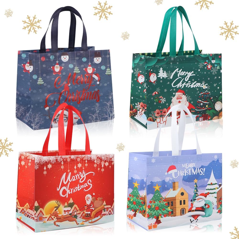 12pcs Large Christmas Tote Bags with Handles, Reusable Gift Bag Grocery Shopping Totes for Gifts Wrapping Shopping