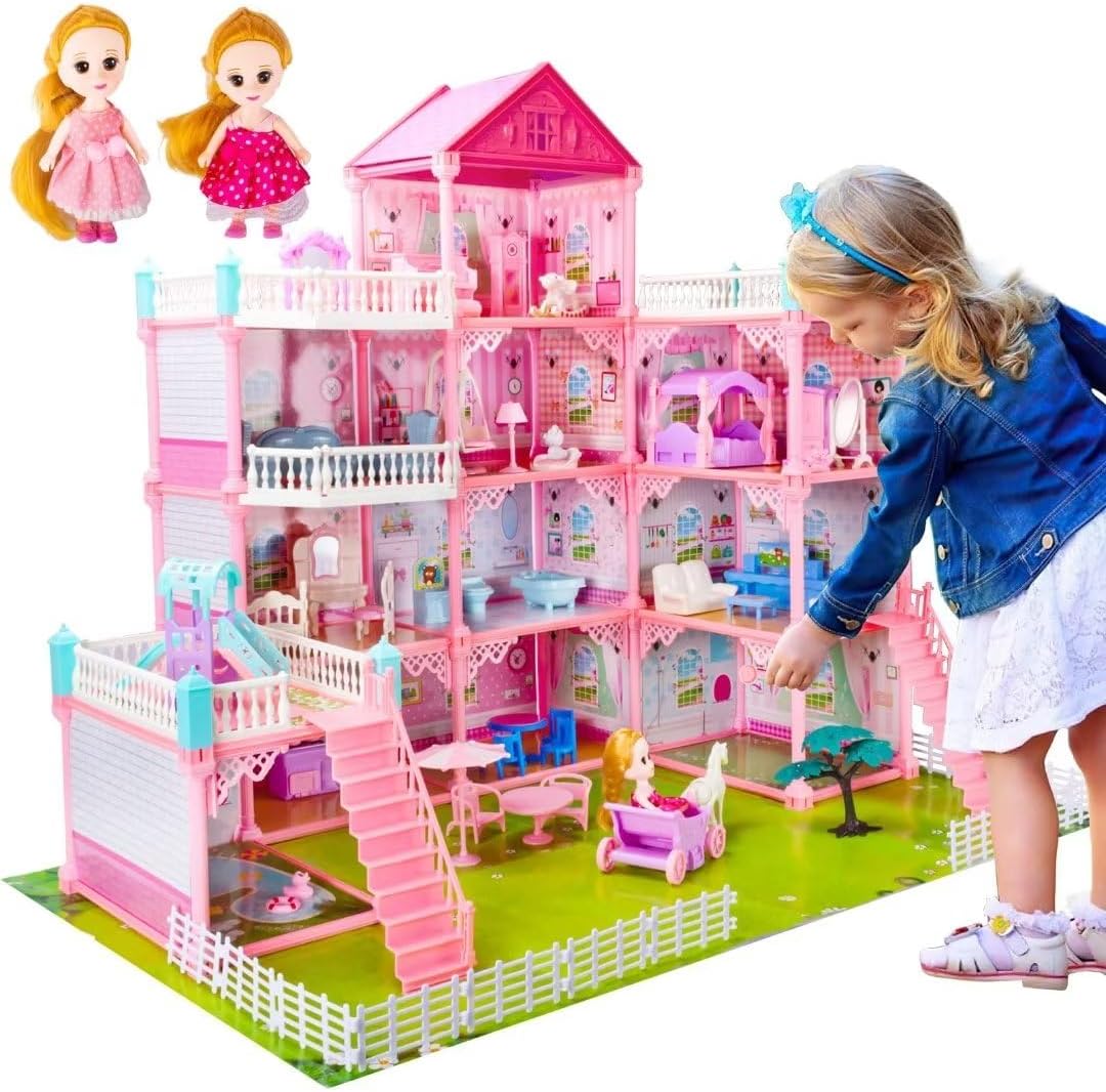 UNIH Doll House Girls Toys,4-Story 11 Rooms Playhouse with 2 Dolls Toy Figures with Light,Accessories, Furniture Pretend Play Toys for 3 4 5 6 7 Year Old Girls