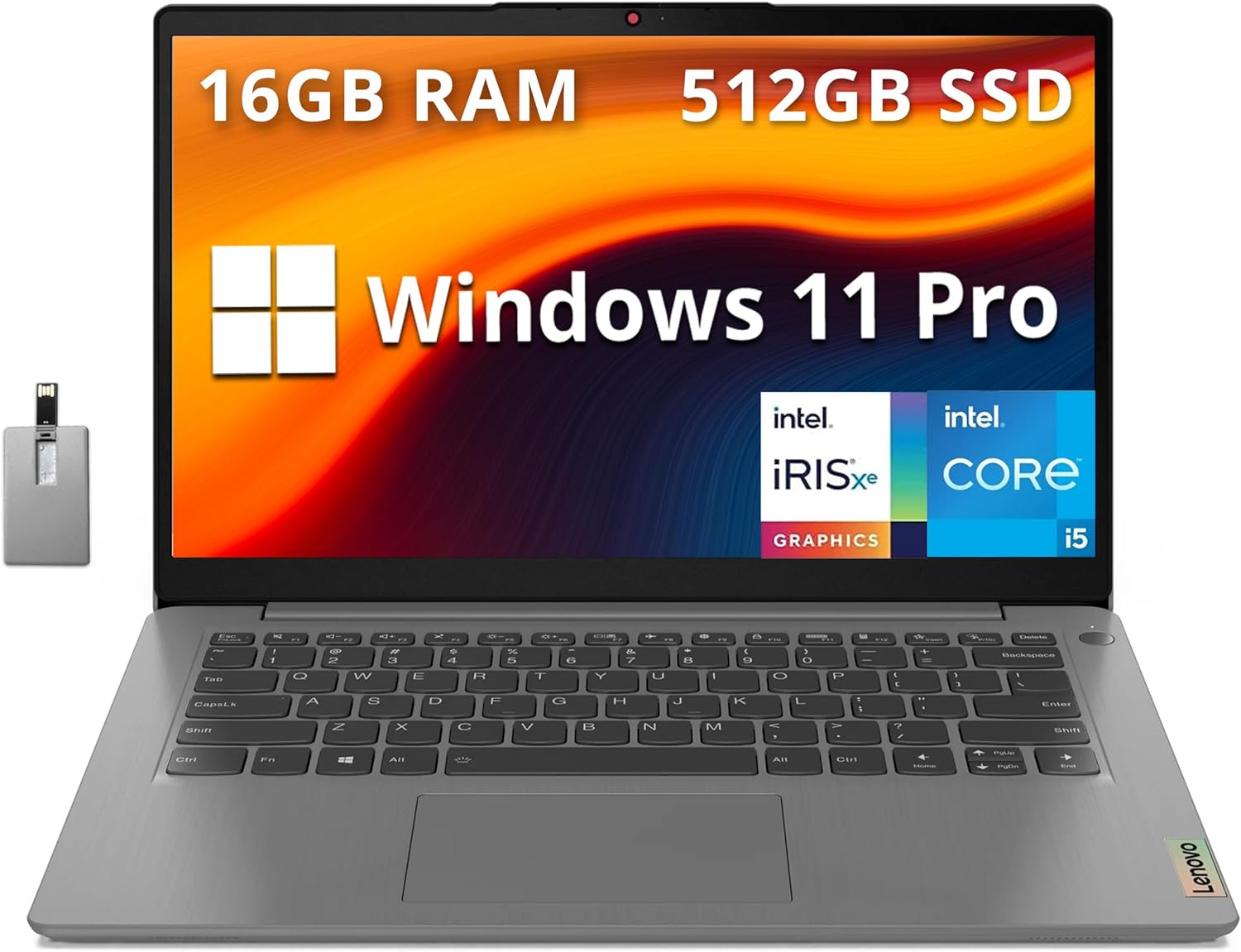 Lenovo IdeaPad 14″ Full HD Business Laptop, Intel i5-1155G7, 16GB RAM, 512GB PCIe SSD, Intel Iris Xe Graphics, WiFi 6, 720P HD Webcam, Win 11 Pro, Grey, 32GB Hotface USB Card