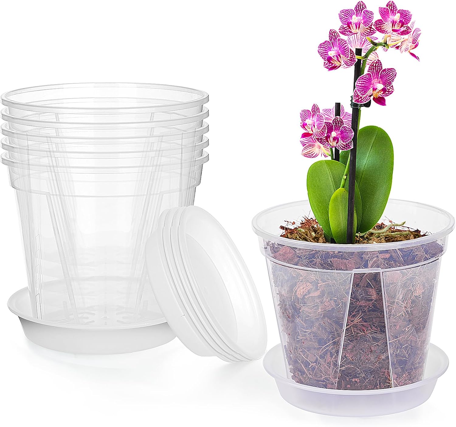 Plant Pots, 6 Pack 6 Inch Thicken Plastic Planter with Saucer for Indoor Plants, Clear Nursery Pots Orchid Pots with Drainage Holes for Repotting