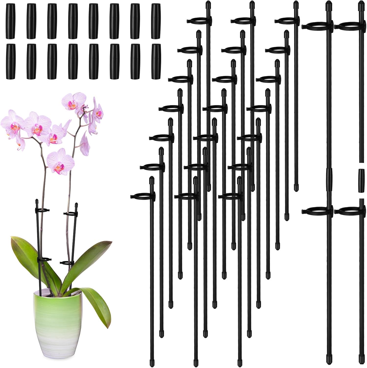 meekoo 30 Pcs Adjustable Plant Support Stakes Garden Single Stem Support Stake Plant Cage Support Rings with Plant Clips and Connect Pipe for Orchid Rose Tomato, 12 Inch (Black)