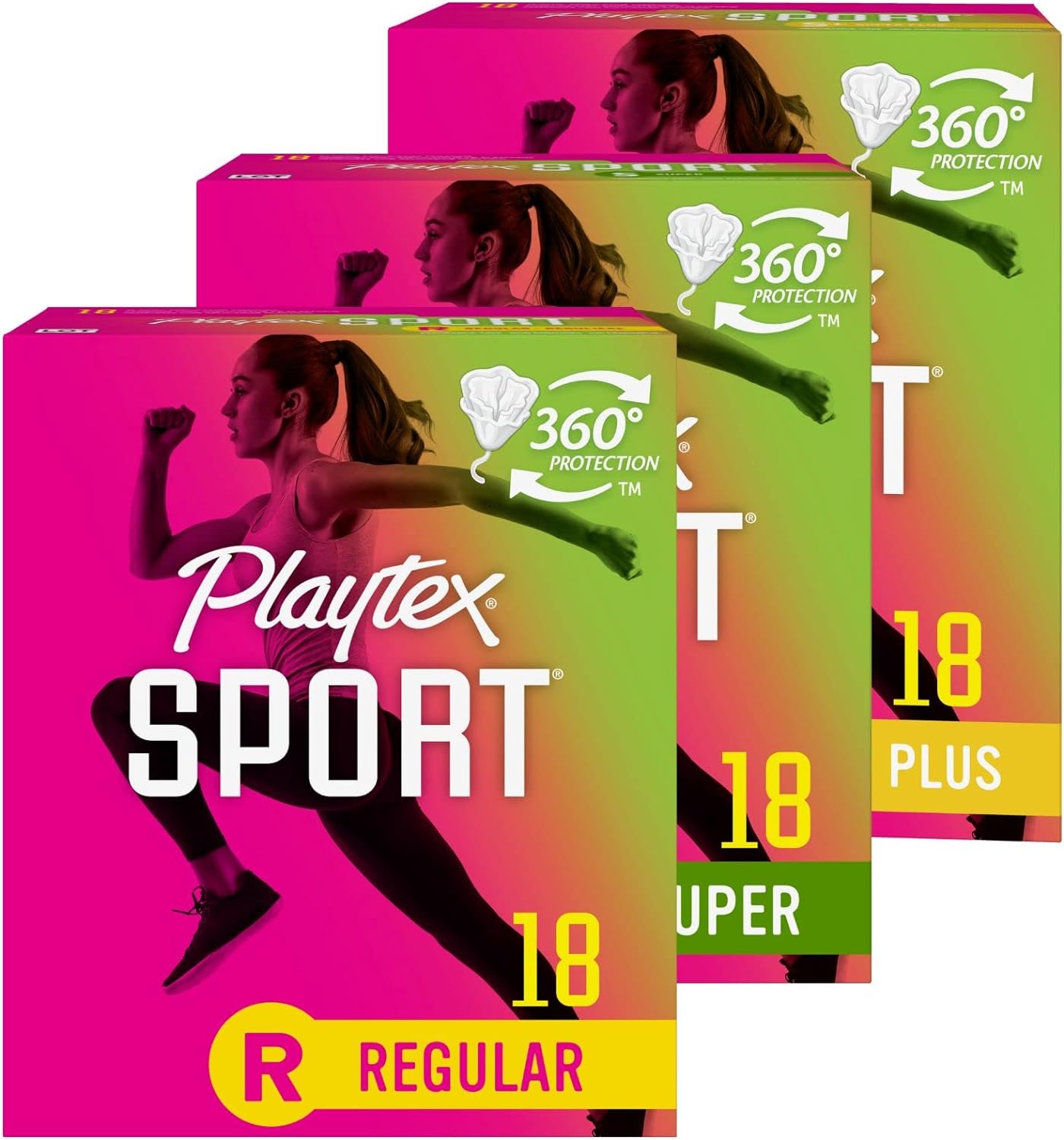 Playtex Sport Tampons, Multipack (18ct Regular/18ct Super/18ct Super+ Absorbency), Fragrance-Free – 54ct (3 Packs of 18ct)