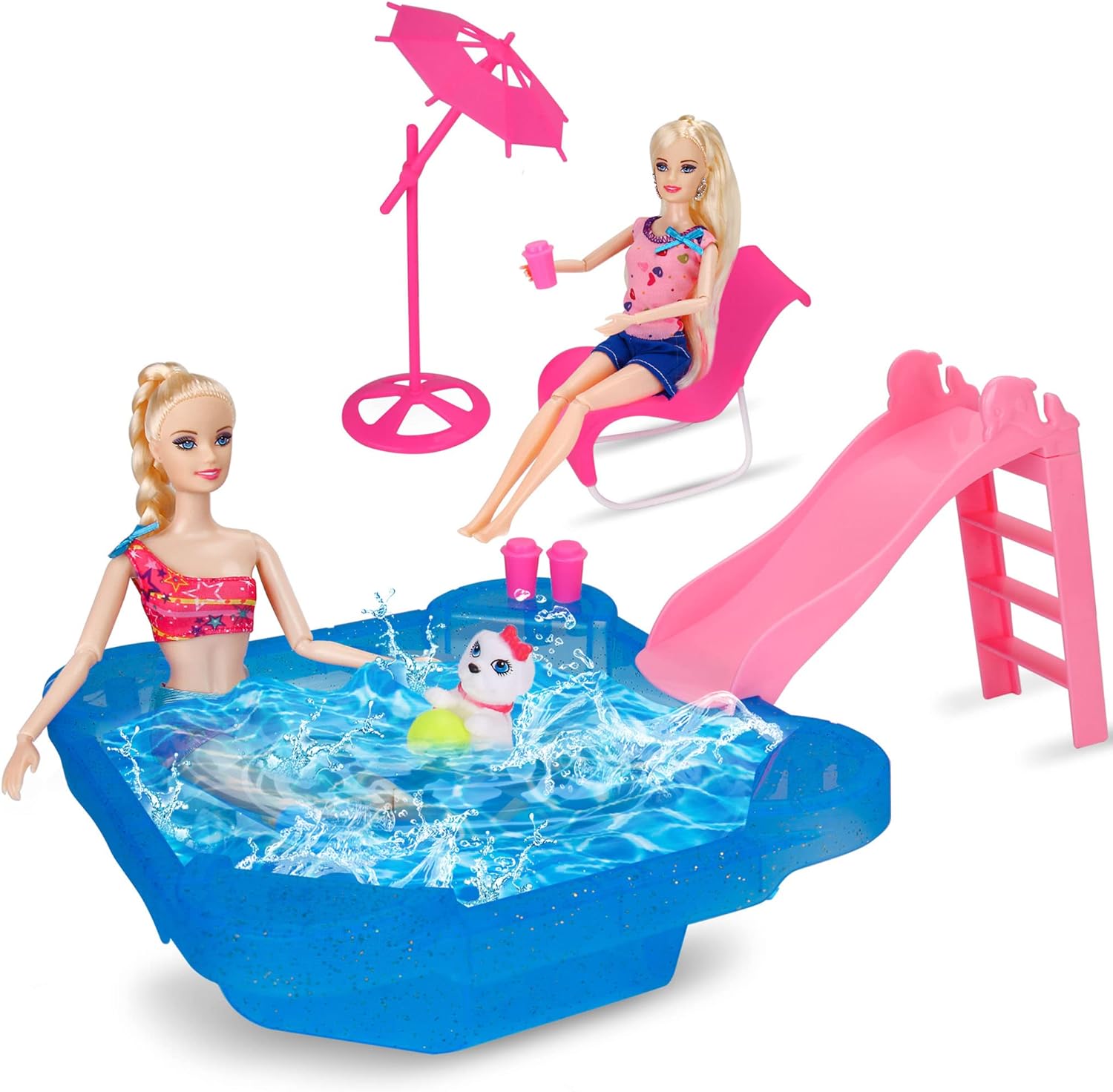 BETTINA Pool Playset – Glam Pool with Slide, Doll Pool Accessories includes Beach Chair, Beach Umbrella, Dog, Swimming Pool Set for 12 Inch Dolls, Bath Toys for Dolls