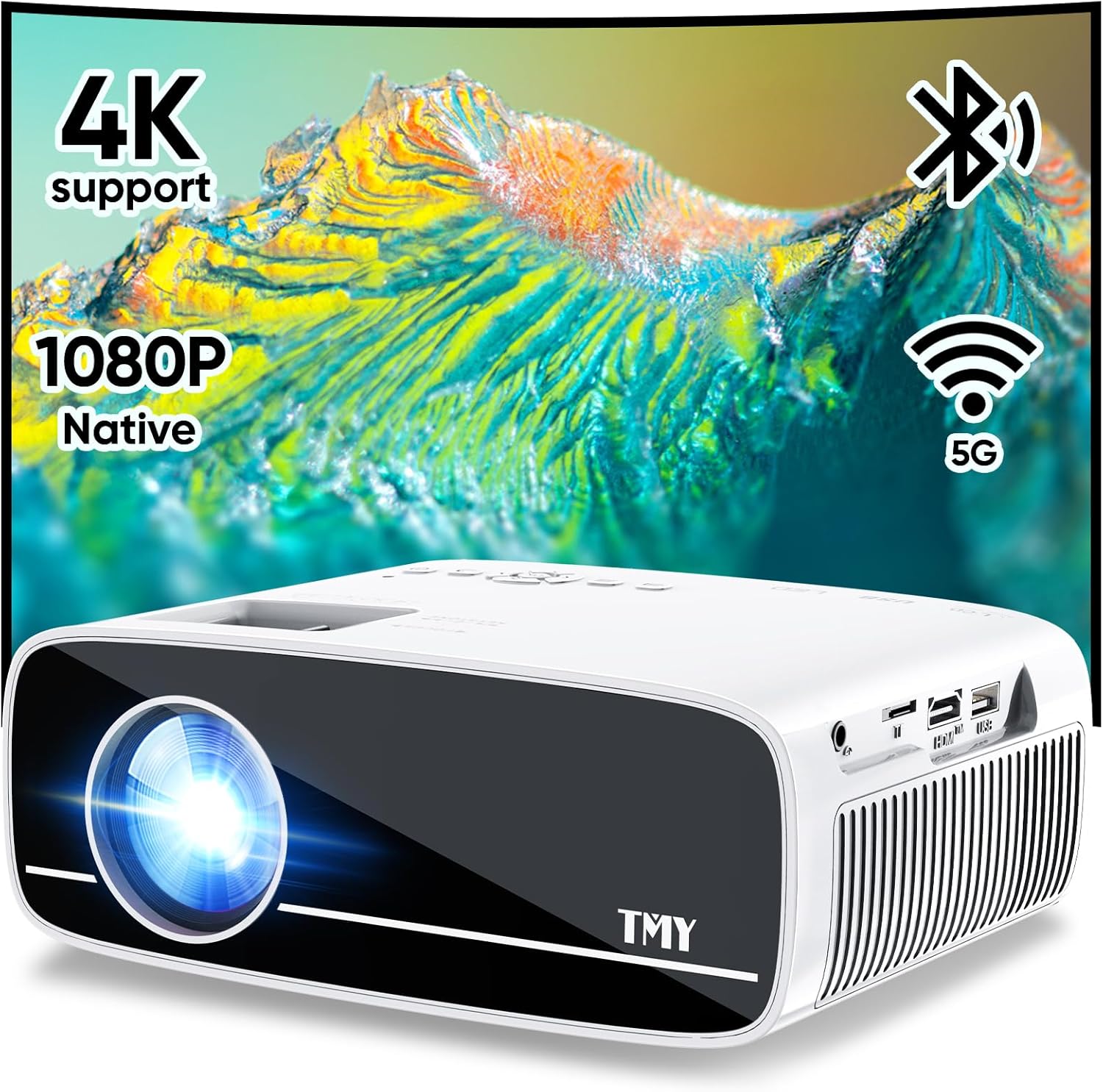 TMY Native 1080P Projector with 5G WiFi and Bluetooth 5.1, 4K Supported Mini Projector, Portable Projector Compatible with TV Stick/Phone/PC/DVD/HDMI/USB/TF, Outdoor Movie Projector