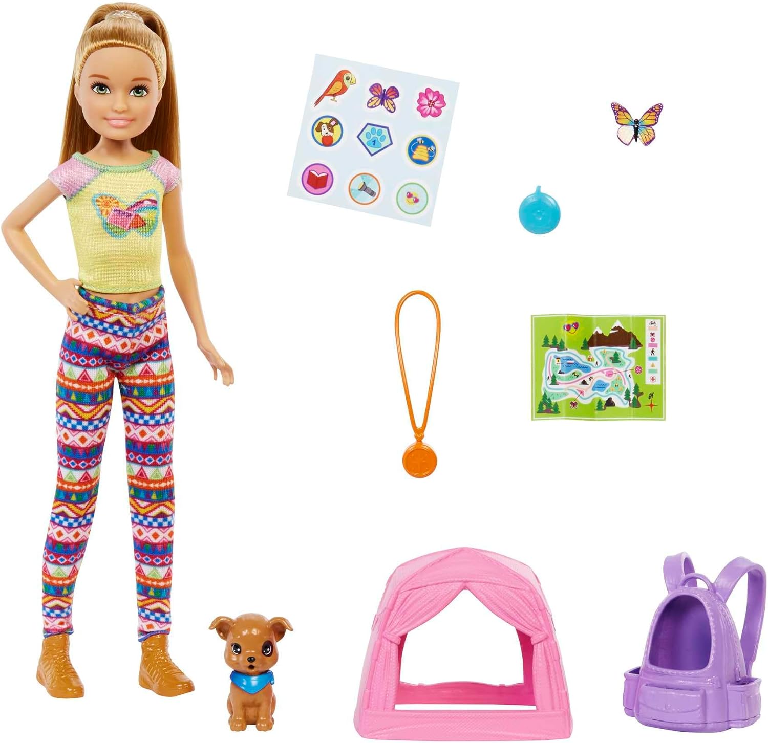 Barbie It Takes Two Stacie Doll & Accessories, Camping Playset with Doll, Pet Tent, Puppy, Sticker Sheet & Accessories