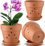 Remerry 3 Pieces 8 Inch Orchid Pots with Holes and Saucers Terracotta Pots with Drainage Holes and Saucers Indoor Outdoor Large Clay Pots for Plants Flower Pots Herb Pots Succulents Pots(Brown)