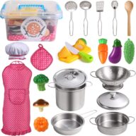 Juboury Kitchen Pretend Play Toys with Stainless Steel Cookware Pots and Pans Set, Cooking Utensils, Apron & Chef Hat, Cutting Vegetables for Kids, Girls, Boys, Toddlers