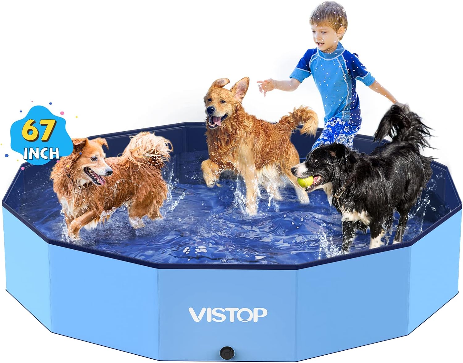 VISTOP Extra Large Foldable Dog Pool XXL, Hard Plastic Shell Portable Swimming Pool for Dogs Cats and Kids Pet Puppy Bathing Tub Collapsible Kiddie Pool (67inch.D x 11.8inch.H, Blue)