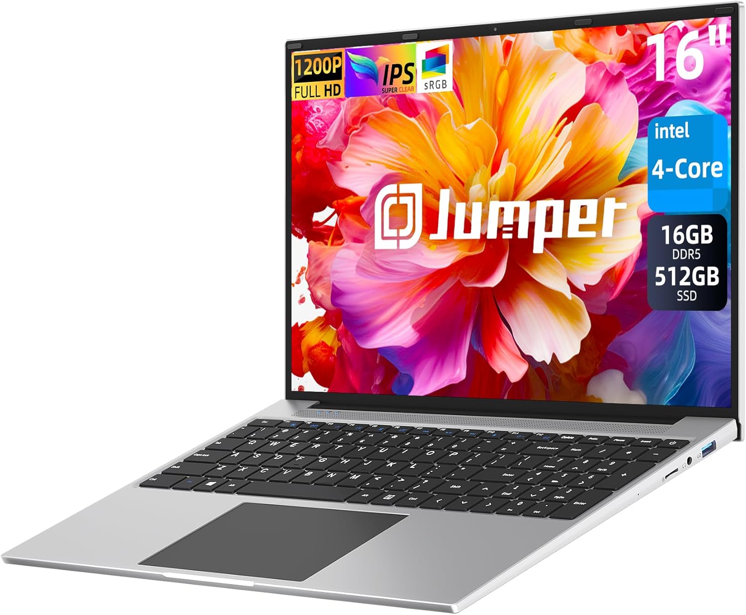 jumper 16 Inch Laptop, 16GB RAM 512GB SSD, Quad-Core Celeron N5095, 1920×1200 FHD IPS Screen, Windows 11 Laptops Computer with Four Stereo Speakers, Cooling System, Numeric Keypad, HD Webcam.