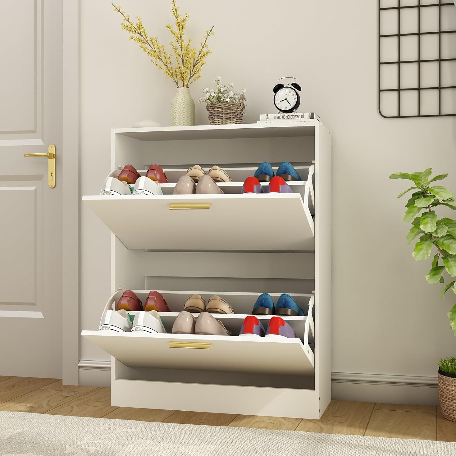Shoe Cabinet with 2 Flip Drawers – Narrow Shoe Storage Cabinet for Entryway, Freestanding Hidden Shoe Organizer for Hallway, Bedroom, Apartment, White