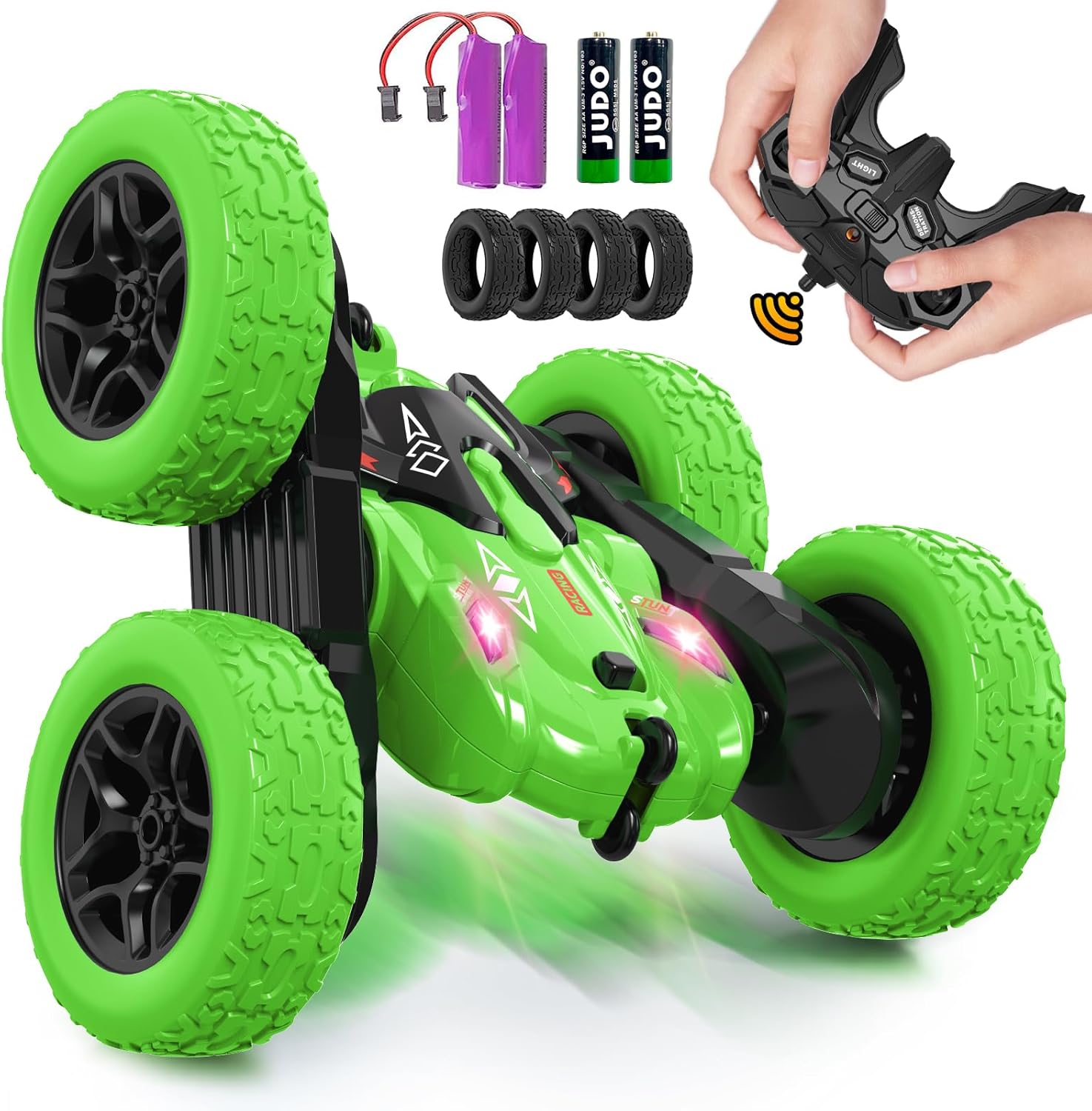 Remote Control Car,360 Flips Rotating Stunt RC Cars,Double Sided RC Car with LED Lights,New Upgrade 2.4Ghz All Terrain Rechargeable Electric Drift Car Toys for Ages 5-7 Birthday Gift(Green)