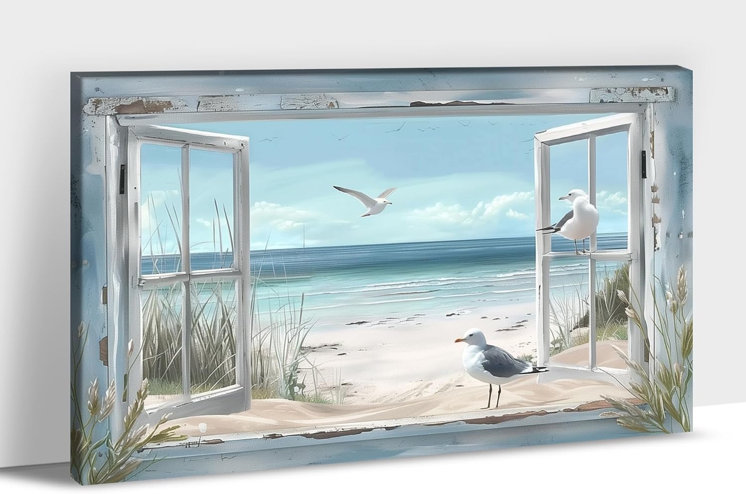 Beach Wall Art, Blue Ocean Canvas Wall Decor, Beach Theme Window Frame Style Canvas Wall Decor Blue Sea Pigeon Painting, Nature Coastal Sand Landscape Framed Artwork for Living Room Bathroom 12″x18″