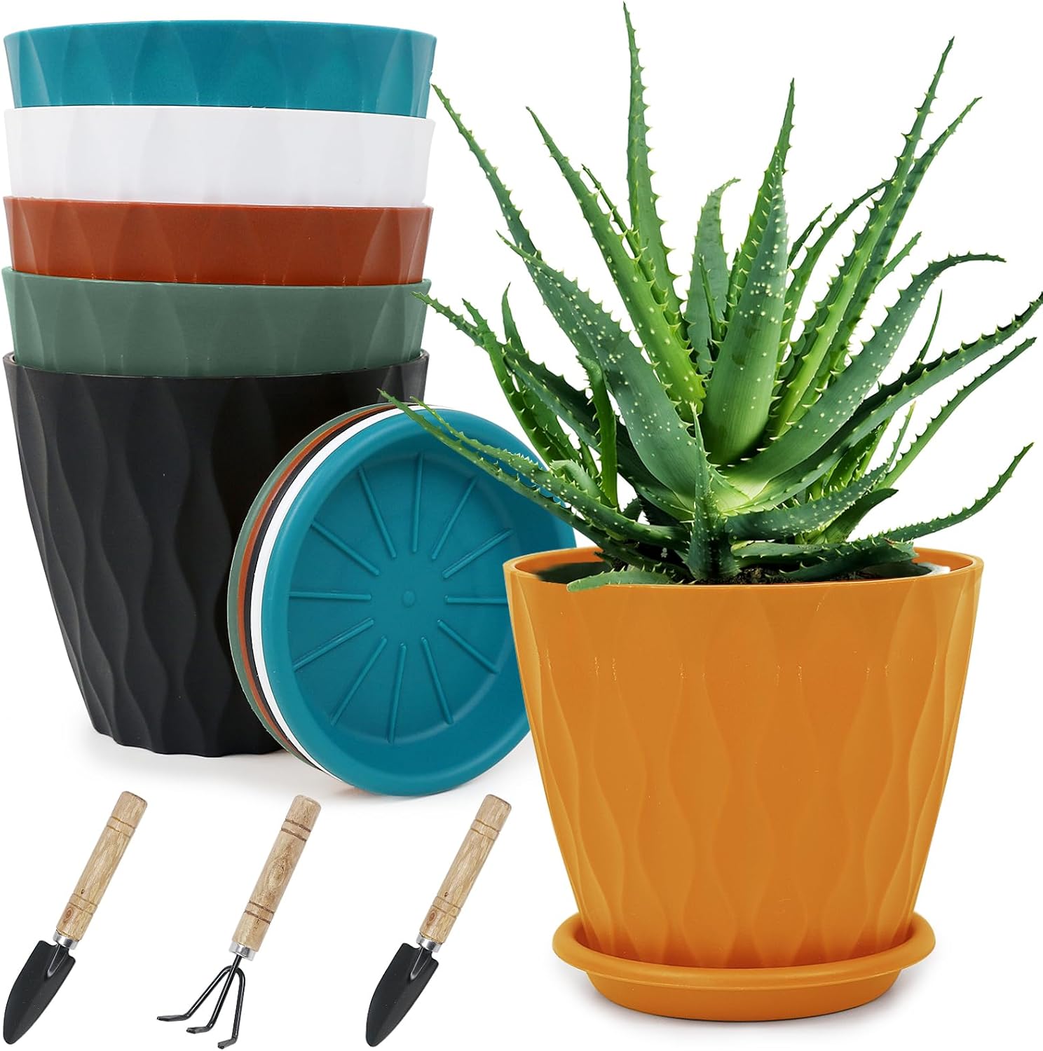 6 Inch Plant Pots – Pack of 6 Indoor Flower Pots with Gardening Tools Outdoor Plants Pot, Planters Pots with Drainage Hole and Tray Saucer for African Violet Orchid Cactus Herbs Succulents