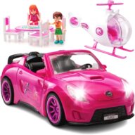 Play22 Pink Car Convertible 2-Seater Vehicle Doll Accessories with Lights and Sounds 10 Pc – Car for Dolls Toy Car includes Doll Helicopter, 2 Figurines, and Dining Table Set – Great Toddler Gift