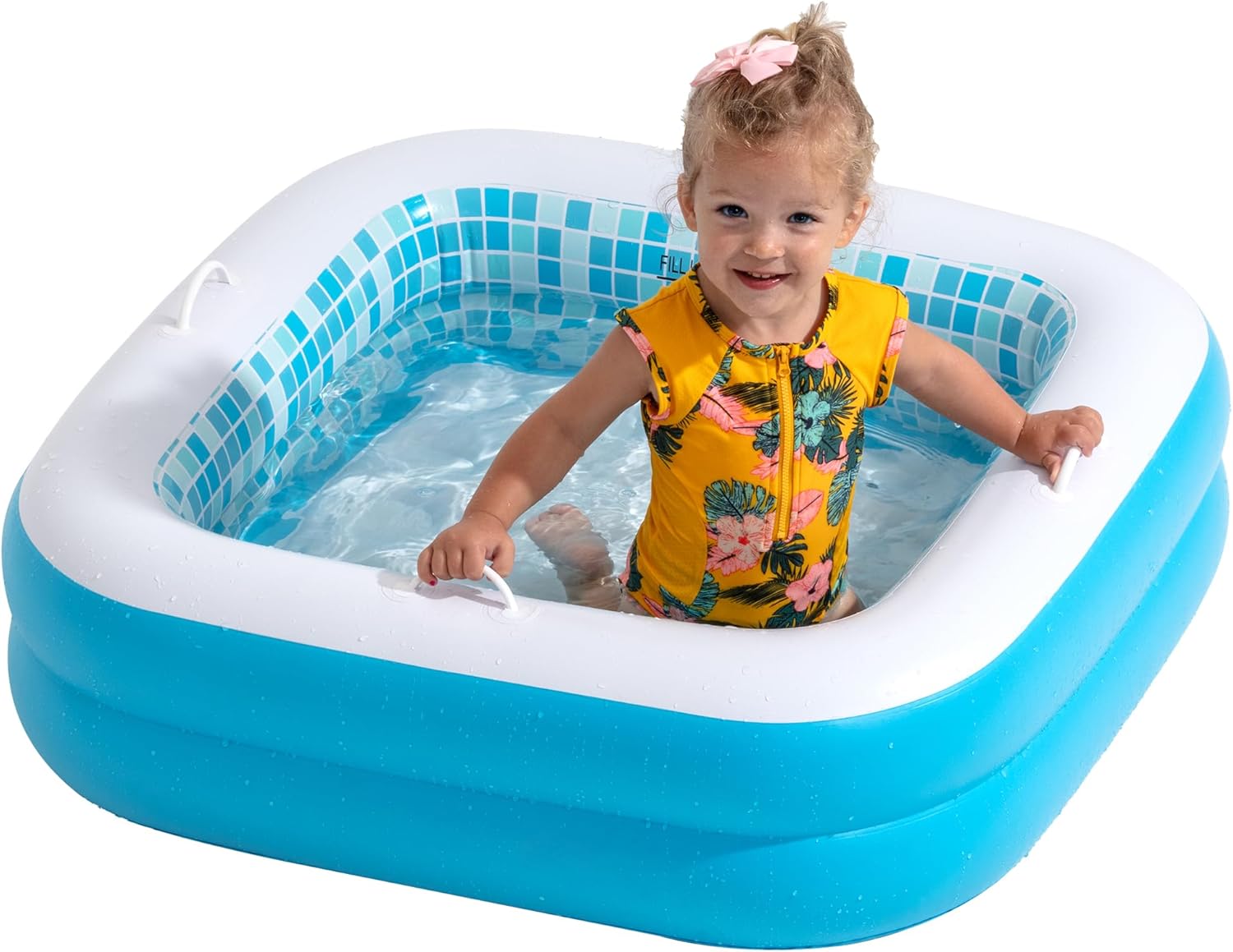 Inflatable Baby Pool with Blow Up Padded Floor, Grip Handle Bars and Drain – Skin Safe Small Kiddie Pool, Bathtub and Ball Pit, First Birthday Gift for Boys, Infants and Toddlers 1-3, 34″ Summer Blue