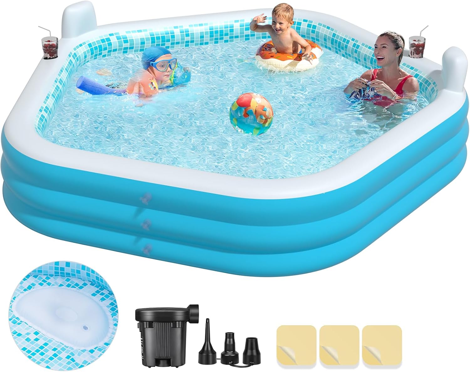 Inflatable pool, Blow up Kiddie Pool with Seats and Headrests: 90″x90″x26″ for Family and Adults – Ideal for Backyard, Outdoor, and Garden, Pump Included