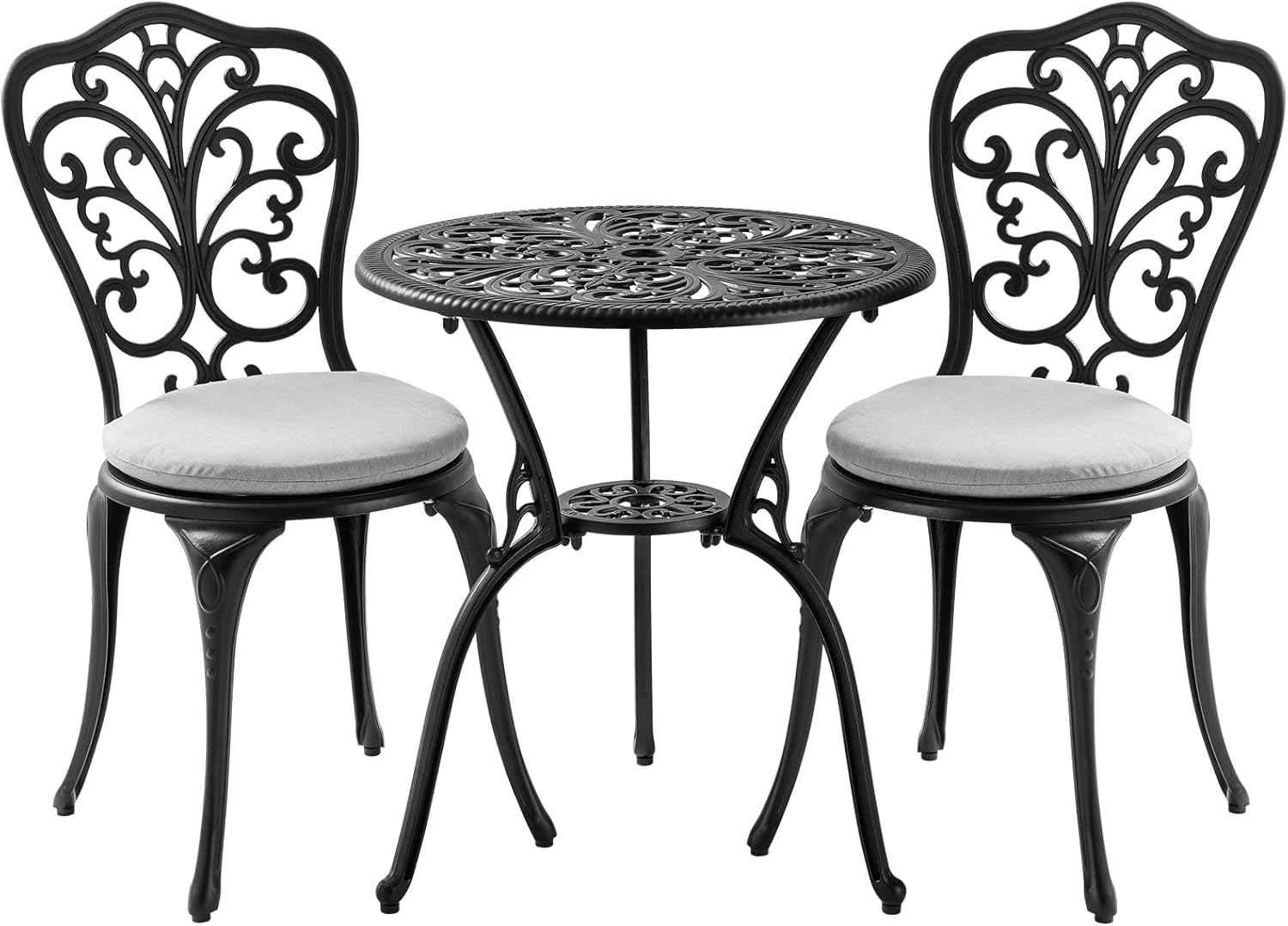 3 Piece Bistro Patio Set Cast Aluminum Bistro Table and Chairs Set of 2 with Cushion,Outdoor Bistro Table Set with Umbrella Hole,Metal Patio Furniture Set for Garden,Black