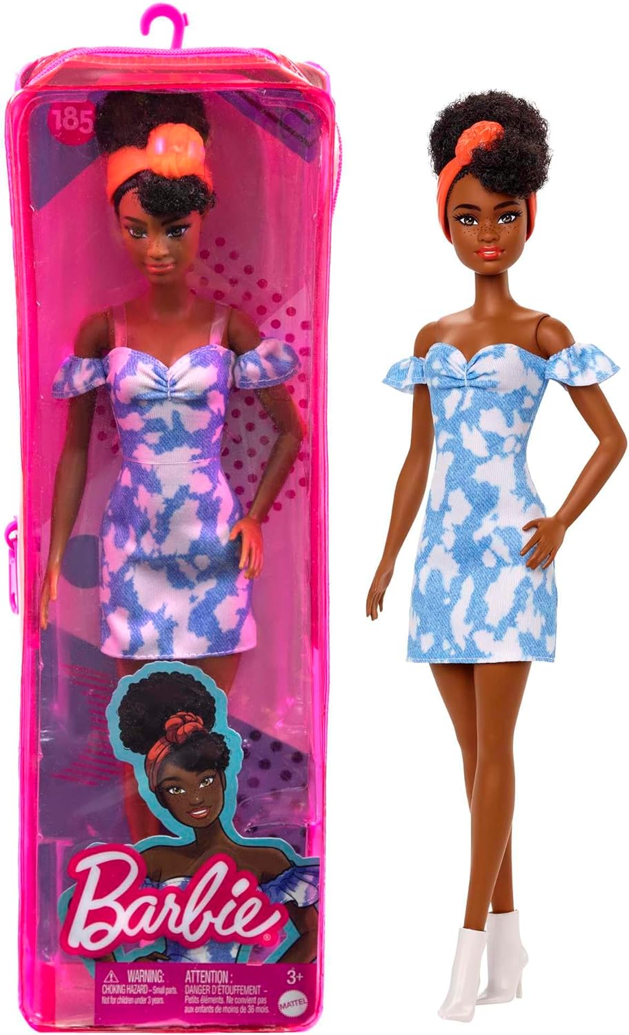 Barbie Fashionistas Doll #185 with Black Up-do Hair, Bleached Denim Dress, Boots & Headband Accessory