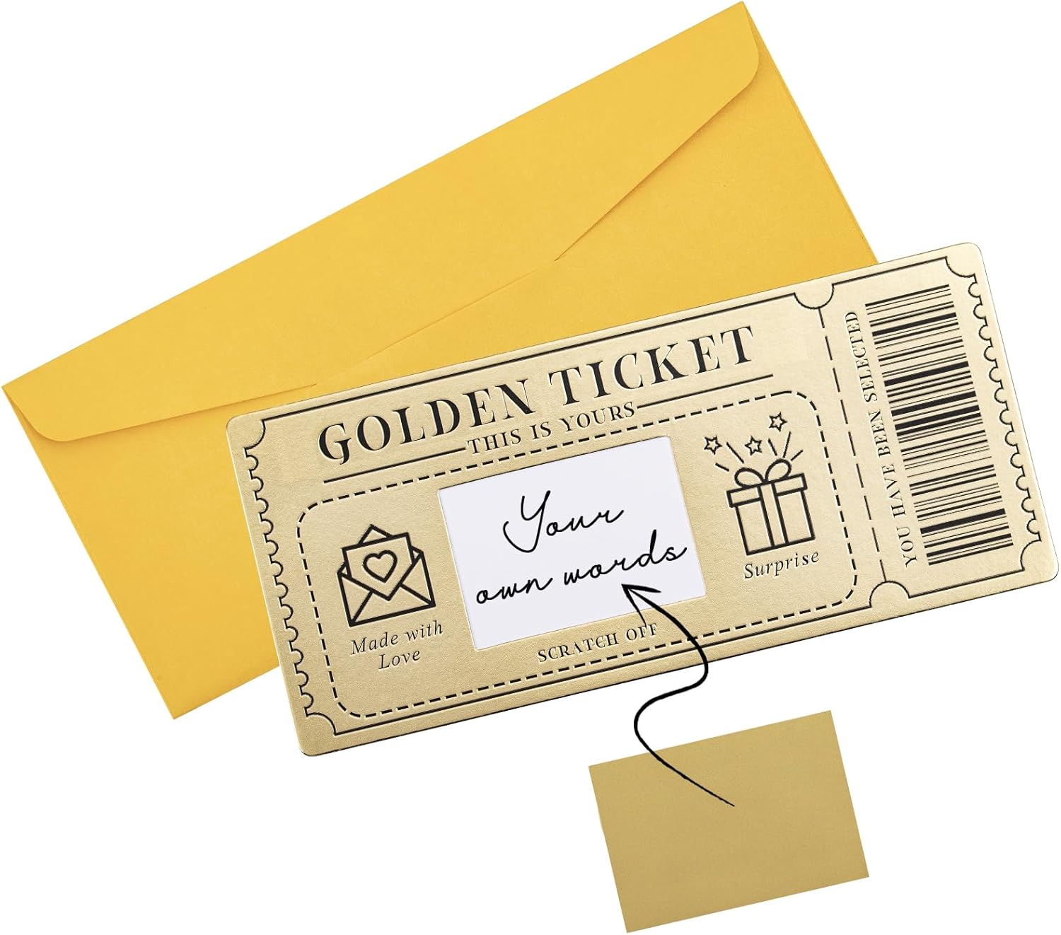 1 Piece Golden Ticket Scratch-off Card with Envelope, Scratch & Reveal Surprise Ticket for Writing Your Own Special for Birthday, Gifts for Girlfriends, Wives, Valentine’s Day Card, Christmas Gift Card