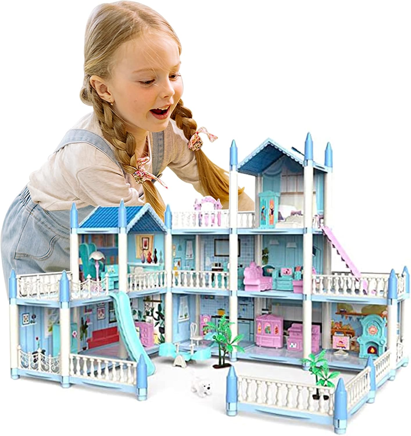 9 Room Doll House for Girls, Dream House Playset with 1 Dog, 2 Trees and 25 Furniture Accessories, Pretend Play Princess Toys House as Birthday