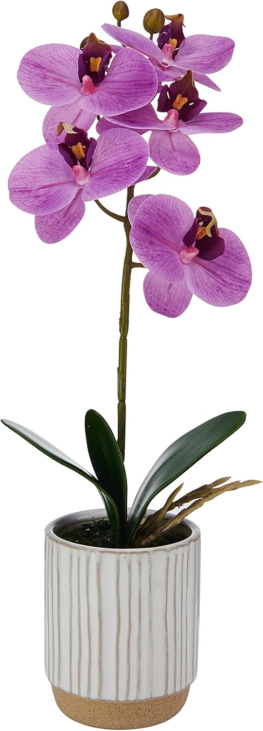 Mikasa Artificial Orchid in Pot, Real Touch Phalaenopsis Orchid, Cream Glaze Ceramic Pot, 16-Inch Single Branch, Fuchsia