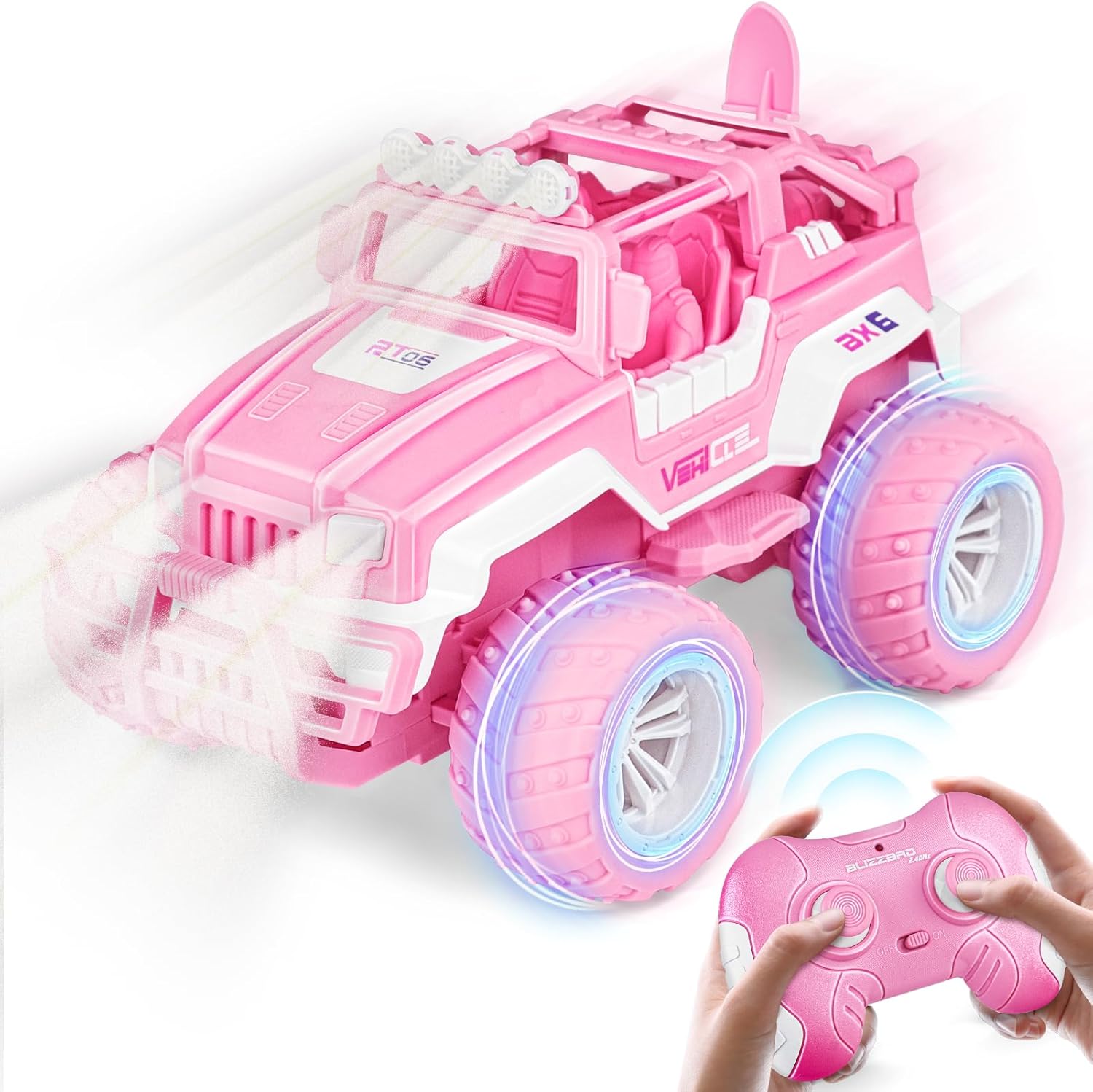 Pink Remote Control Car for Girls, 1:16 Scale RC Jeep with LED Light & Rechargeable Batteries, 80 Min Playtime 2.4 GHZ Pink Truck Toy, Car Toys Gifts for Girls