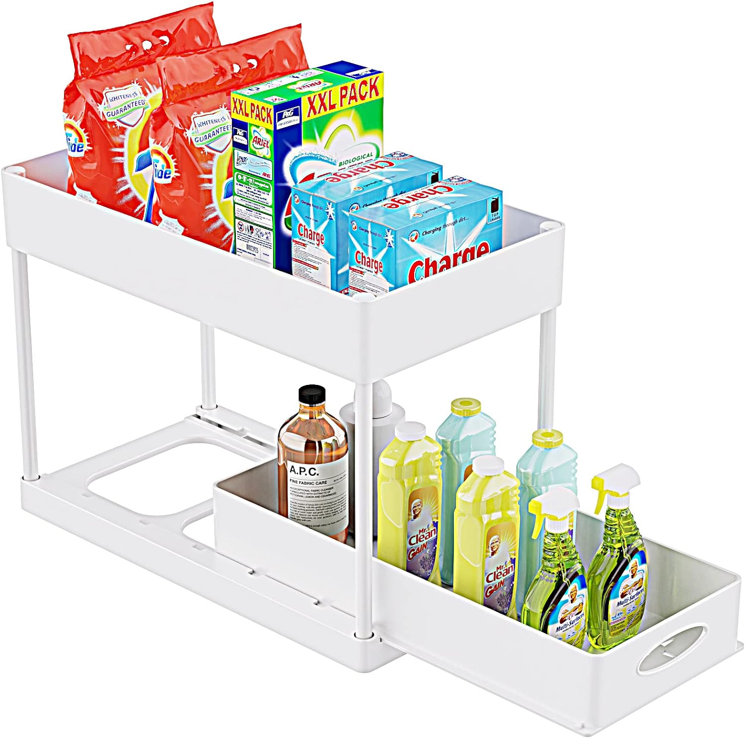 PUILUO Under Sliding Cabinet Basket Organizer, 2 Tier Under Sink Organizers White Under Sink Storage for Bathroom Kitchen