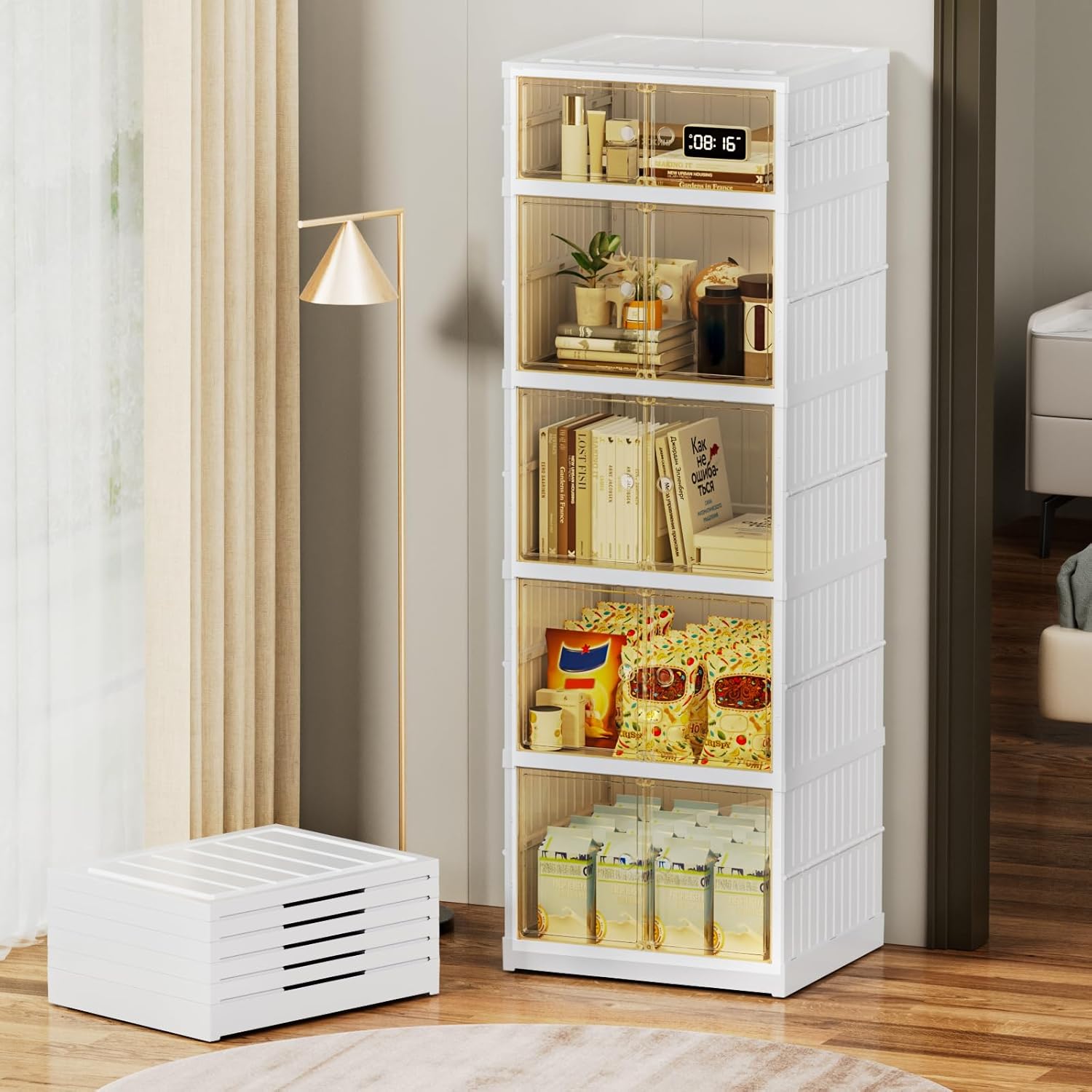 Collapsible Storage Bins with Wheels, 54 Gal Foldable Closet Organizers and Storage, Plastic Storage Cabinet with Door, 5 Tier Storage Containers for Kitchen Office Bedroom, White