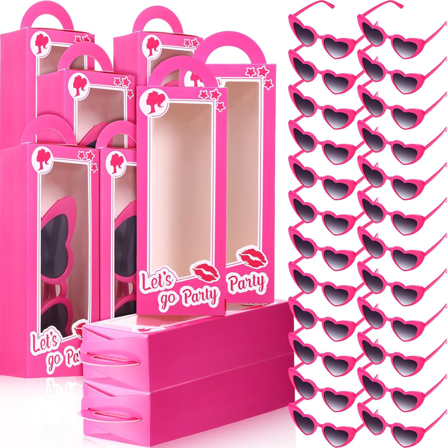 Resurhang 48 Pcs Hot Pink Princess Gift Boxes Set Include 24 Pink Girls Party Favor Boxes 24 Pink Heart Sunglasses Pink Doll Gift Boxes Bachelorette Goodie Bag Candy Boxes for Birthday Party Supplies