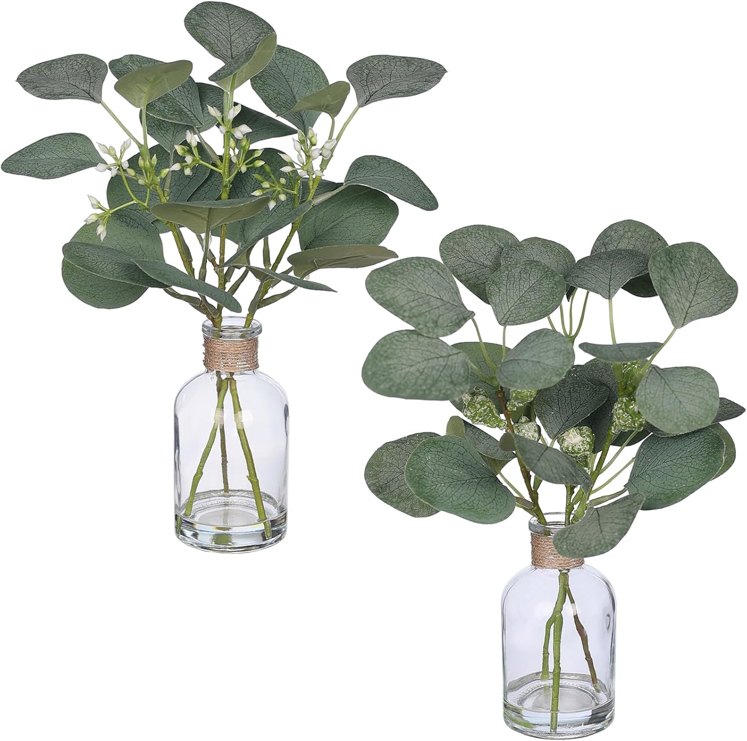 2 Pack Small Fake Plants Eucalyptus Potted，Artificial Eucalyptus Stems in Glass Vase with Faux Water for Shelf Desk Bathroom Farmhouse Room Office Coffee Table kitchen Home Decor (Green)