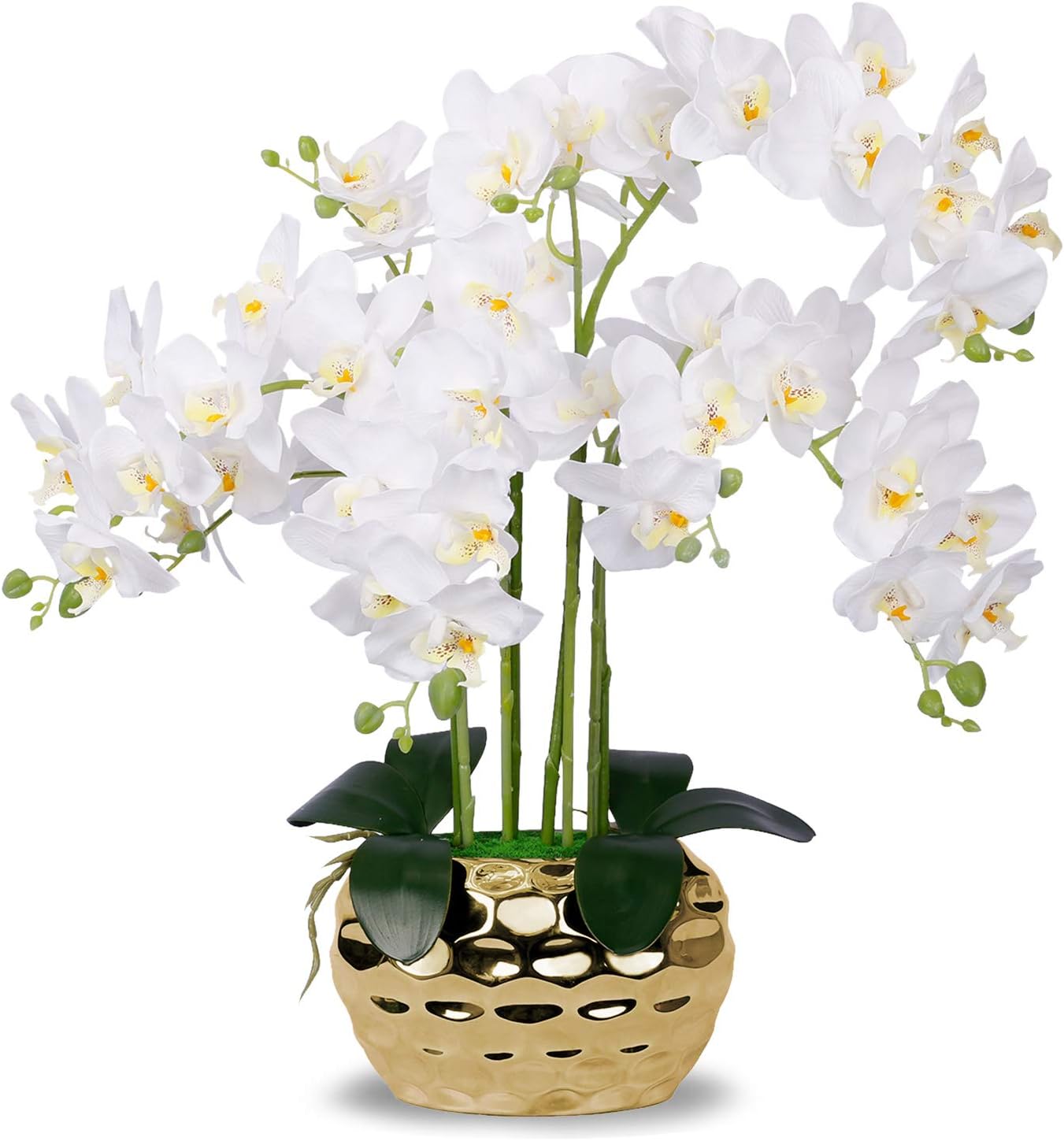 Artificial Orchid in Gold Vase White Silk Faux Orchid Plant in Gold Pot Fake Flower Arrangement White Flowers for Decoration Home Decor Kitchen Decoration Table Centerpieces