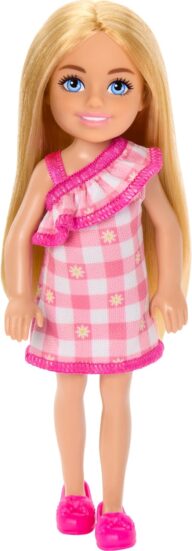 Barbie Chelsea Doll, Small Doll Wearing Removable Checked Dress & Pink Shoes with Blonde Hair & Blue Eyes