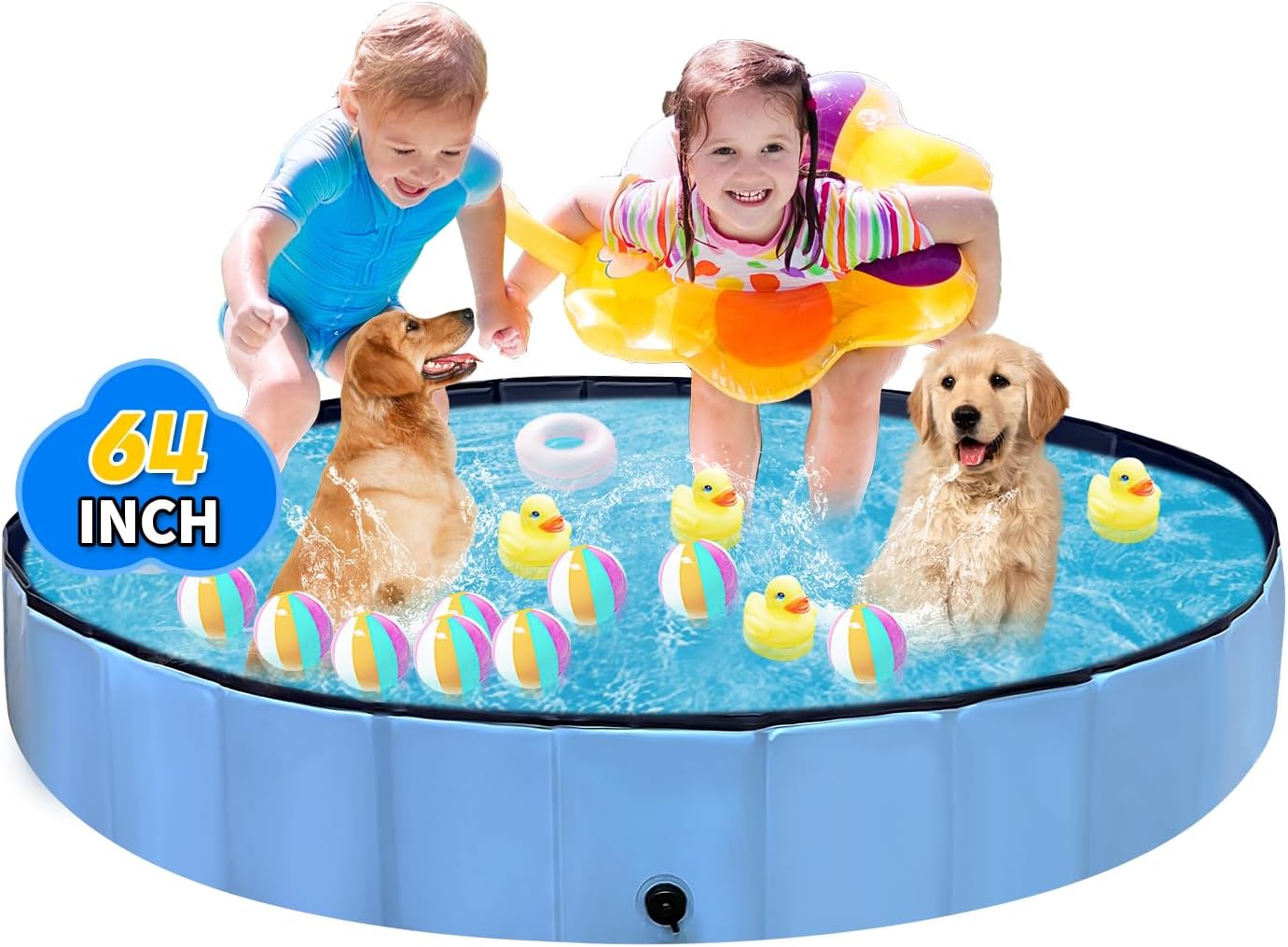 Foldable Dog Pool, Hard Plastic Kiddie Pool for Toddlers 1-3, 64″ Blue Pet Bathing Tub, Swimming Pool for Kids, Foldable Kids Pool for Backyard, Play Pool for Kids, Doggie, Kitty