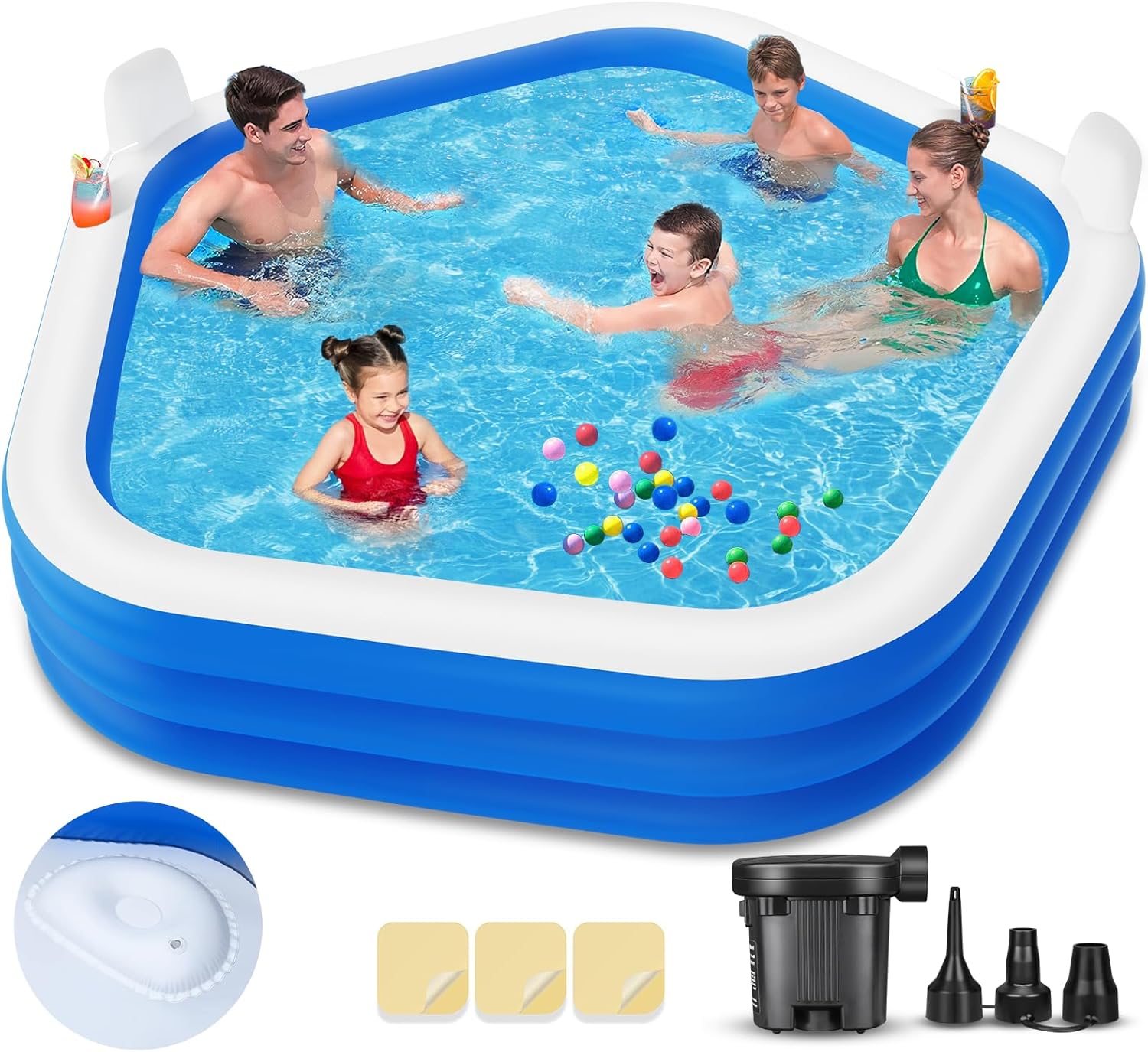 Inflatable Swimming Pool, 90″ X 90″ X 26″ Kiddie Pool with Pump, Thickened Blow-Up Pool for Kids, Adults, Family, Pools for Outdoor, Backyard, Indoor