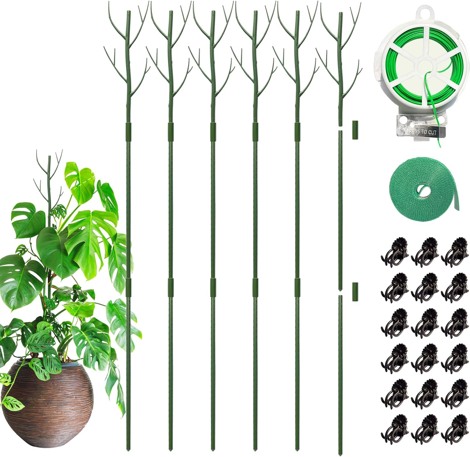 Monstera Plant Support, 43 Inch Plant Support Stakes Moss Pole for Indoor Plants with Orchid Clips Twist Ties and Plant Strap, Perfect Plant Stakes for Climbing Plant (6 Pack)