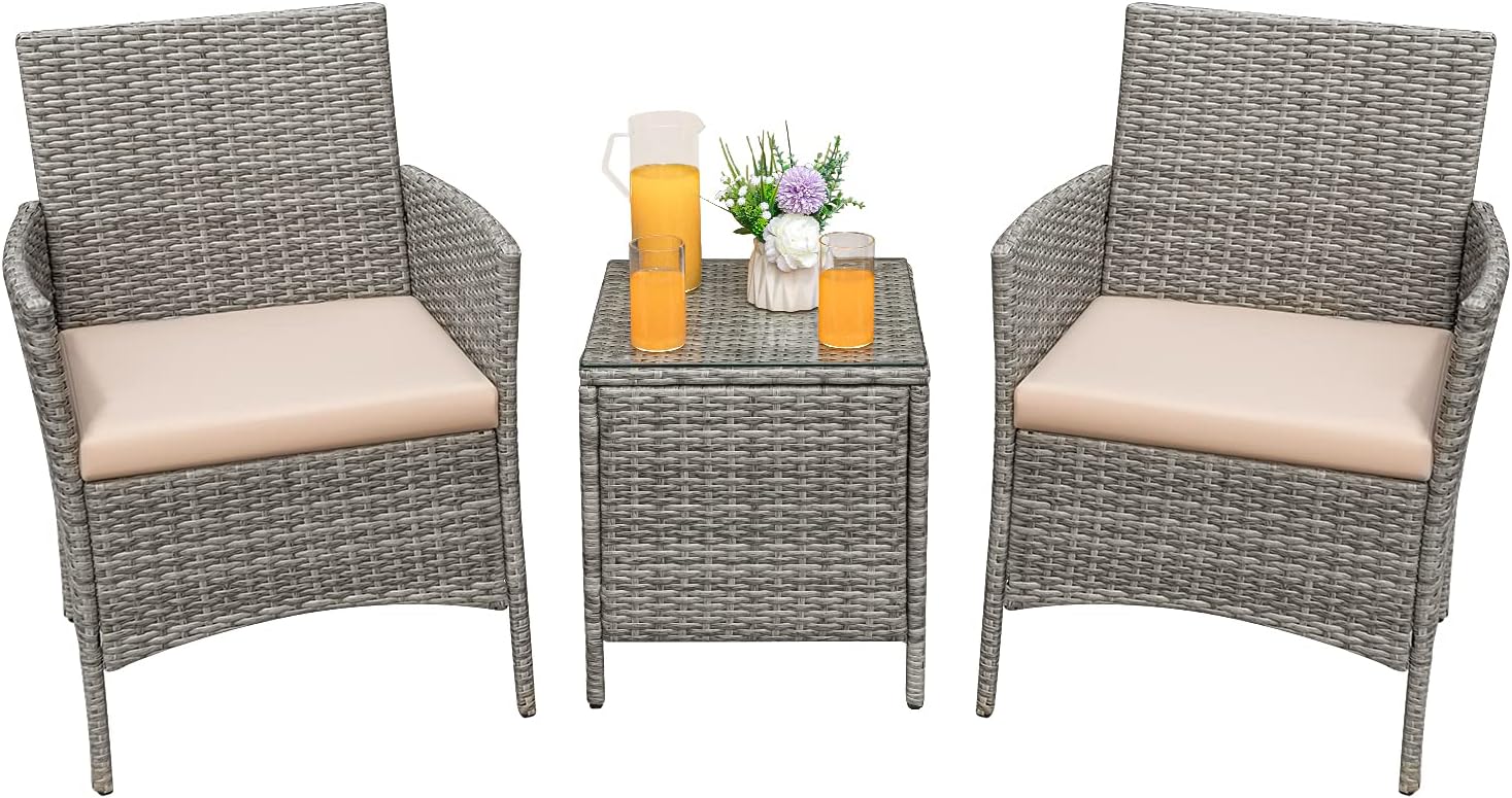 Greesum 3 Pieces Patio Furniture Sets Outdoor PE Rattan Wicker Chairs with Soft Cushion and Glass Coffee Table for Garden Backyard Porch Poolside, Gray and Beige