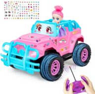 Remote Control Car- RC Truck Car with DIY Stickers and Doll for Kids Girls Birthday, 1:20 Scale RC Truck Full Functions Creative Racing Car for Toddlers Kids Indoor Outdoor Games, Pink