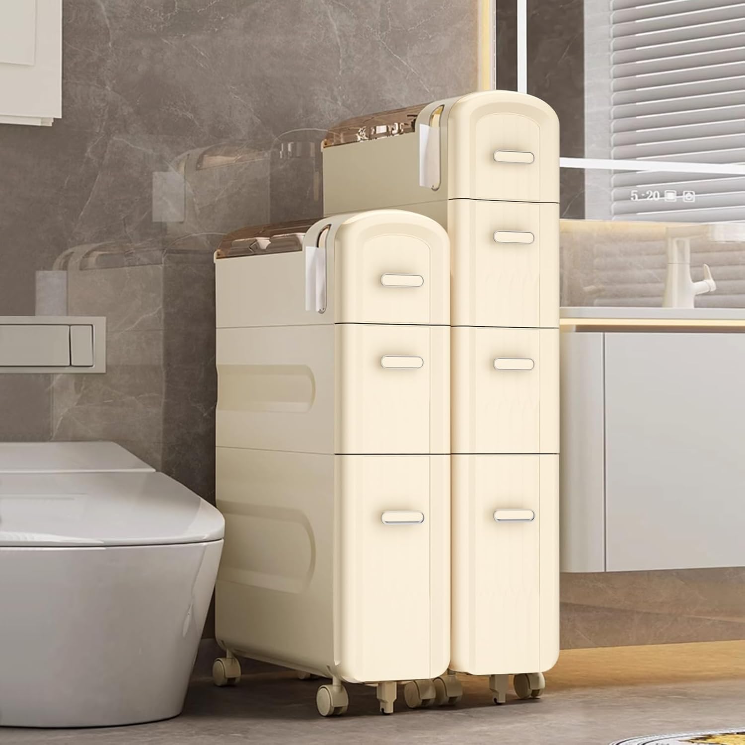 4-Tiers Narrow Slim Bathroom Storage Cabinet, Freestanding Rolling Waterproof Organizer with Drawers and Handles for Small Space Laundry Gap Toilet Paper Holder, 36”x7.1”x17” Cream
