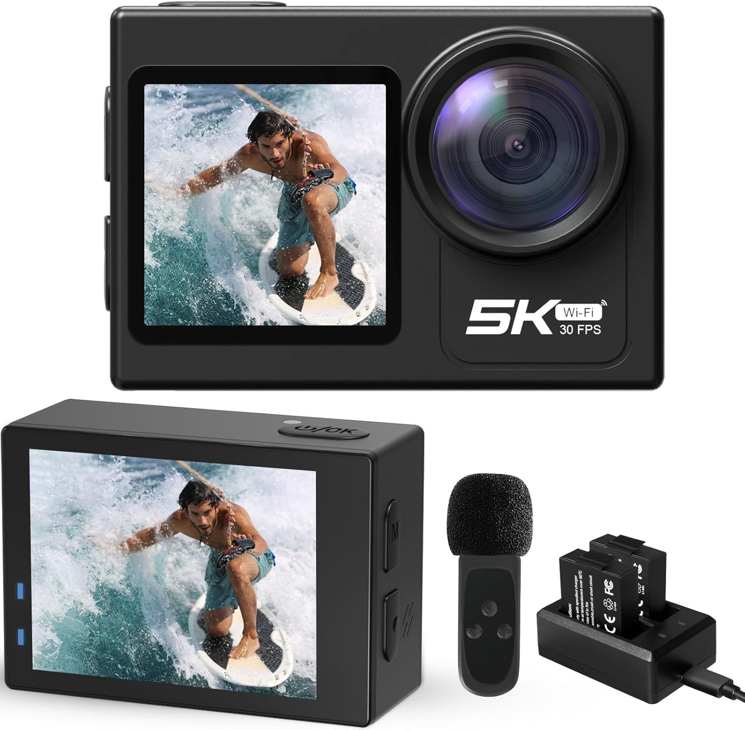 Action Camera 5K 30FPS Underwater Camera Snorkeling 131FT, Waterproof Camera with EIS Stabilization, Wireless Mic and Remote, 5X Zoom, 170° Wide Angle, Black