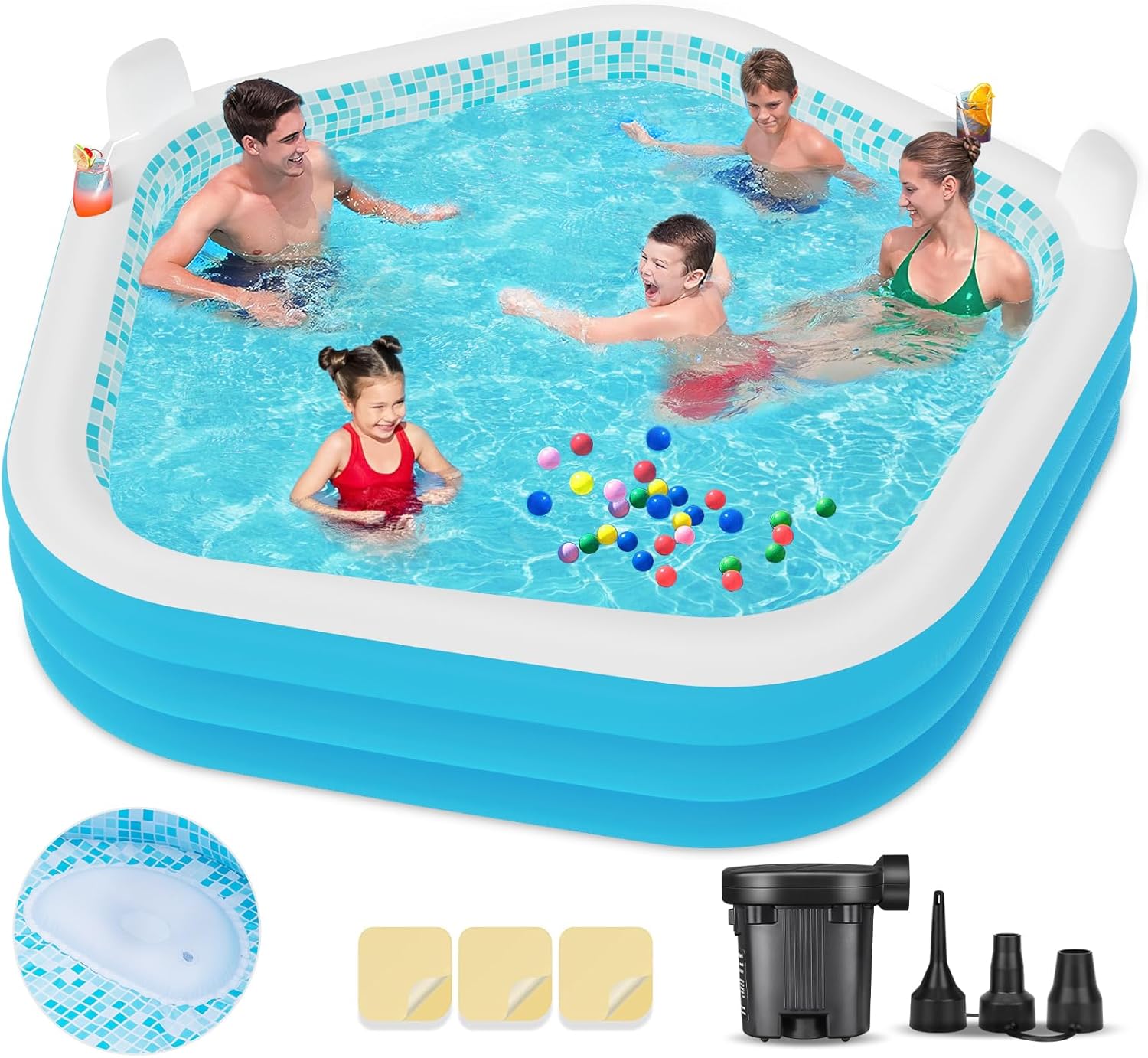 Inflatable Swimming Pool, 90″x 90″ x 26″ Kiddie Pools with Pump and Seats, Blow up Pool for Kids, Family and Adults, for Backyard, Outdoor, Garden and Indoor