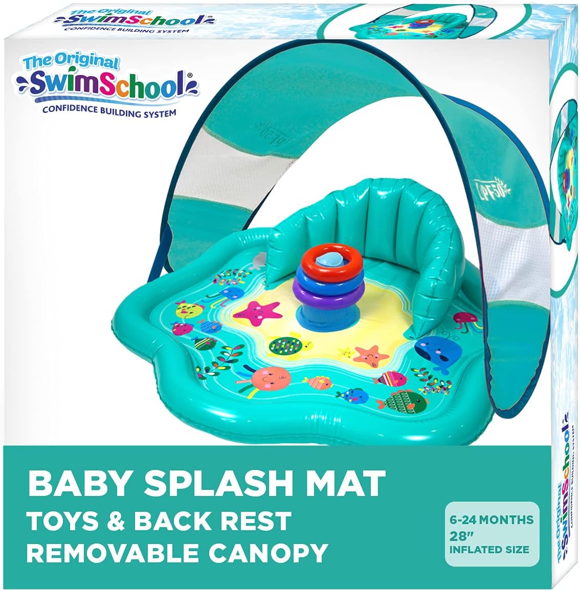 SwimSchool Baby Splash Play Mat with Adjustable Canopy – Inflatable Play Pool for Babies & Infants with Backrest – Includes Baby Water Toy Rings