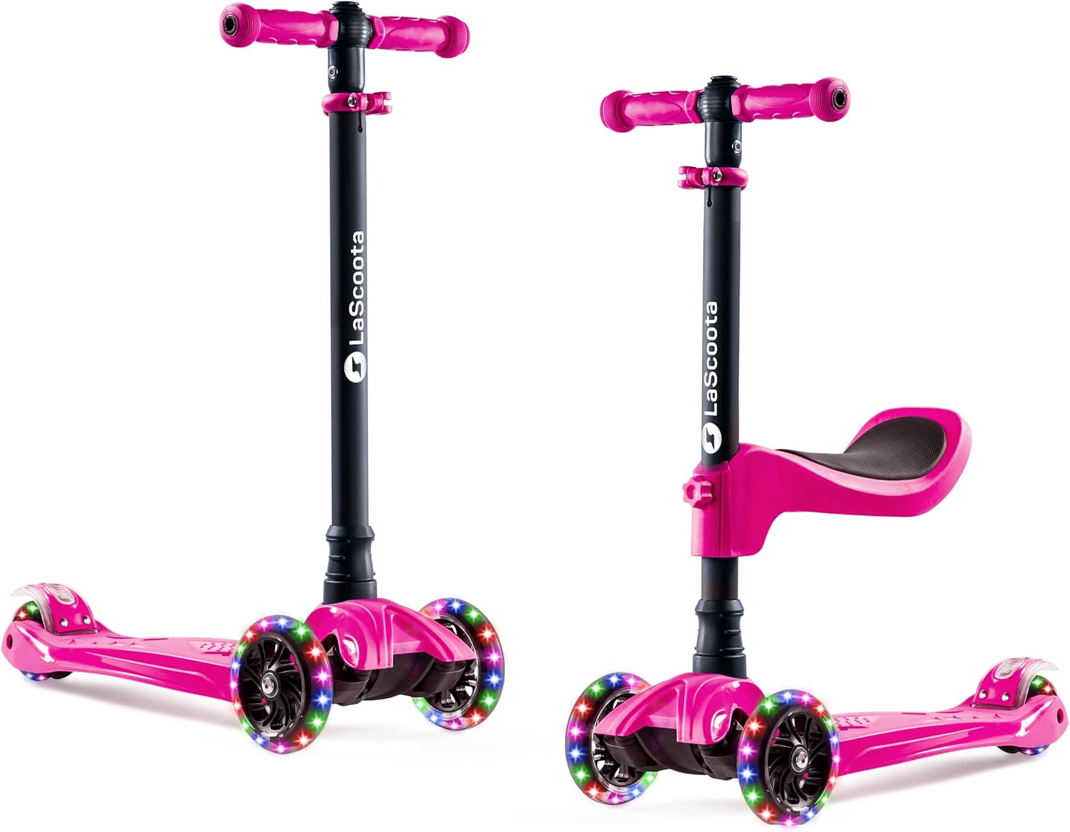 LaScoota 2-in-1 Kids Kick Scooter, Adjustable Height Handlebars and Removable Seat, 3 LED Lighted Wheels and Anti-Slip Deck, for Boys & Girls Aged 3-12 and up to 100 Lbs.