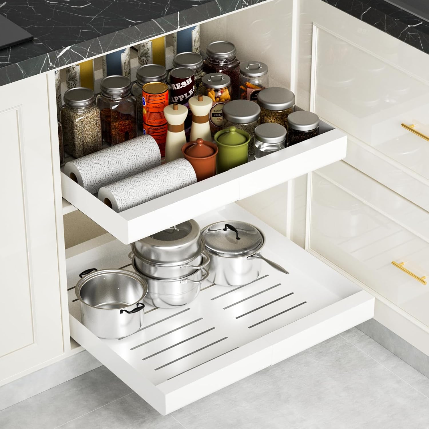Pull Out Cabinet Organizer, 21″Deep, Expandable 11.7″-19.7″ Heavy Duty Pull Out Drawers for Cabinets, No Punch Adhesive Nano Film Fixed, for Kitchen Cabinet Organization, Bathroom, Pantry (2Pcs-White)