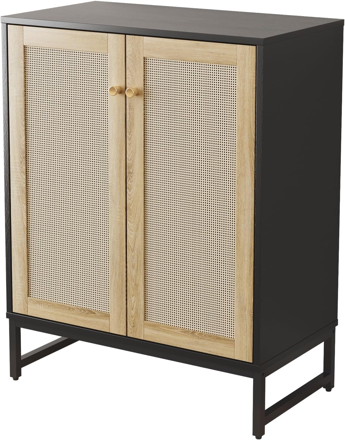Sideboard Buffet Cabinet, Storage Cabinet with Double Rattan Doors, Modern Rattan Sideboard Cabinet, Kitchen Storage Cabinet with Metal Feet, for Entryway, Bedroom, Living Room (Black)