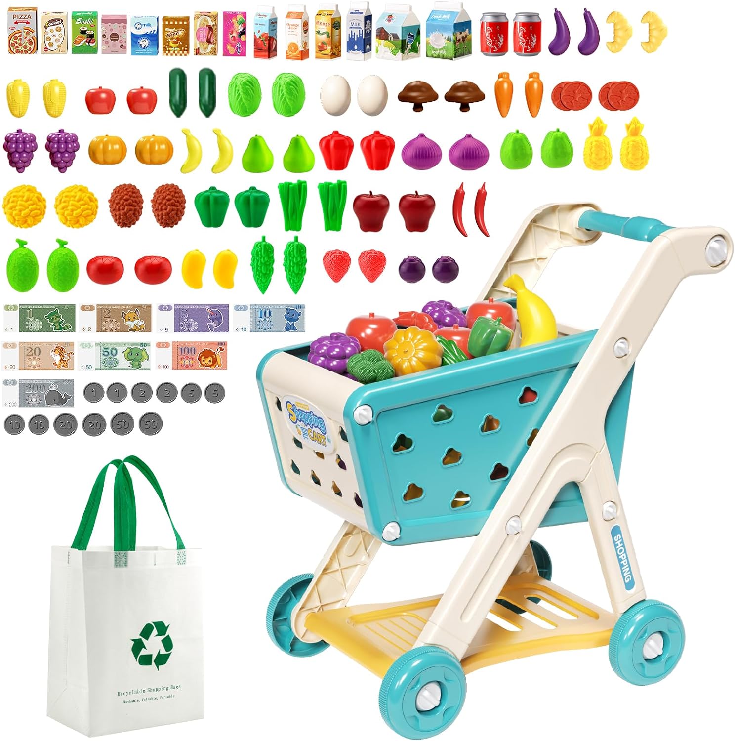 98pcs Kids Shopping Cart Trolley Play Set with Pretend Food and Accessories,Perfect for Ages 3+ Pretend Play and Role-Playing Games