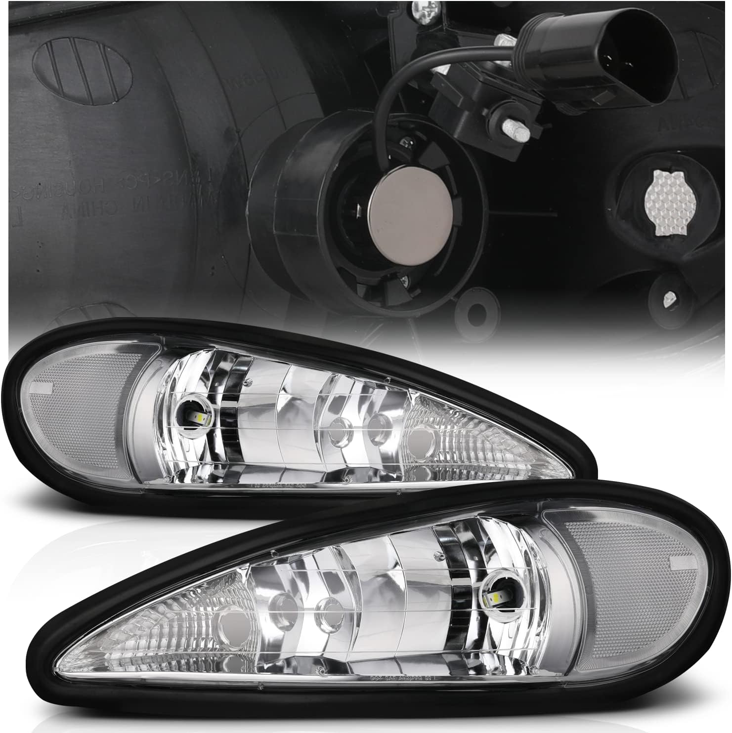 M-AUTO Left & Right Chrome Housing Clear Corner Headlights Lamps Assembly with 2 Pre-assembled 6000K LED Bulbs Compatible with 1999-2005 Pontiac Grand Am