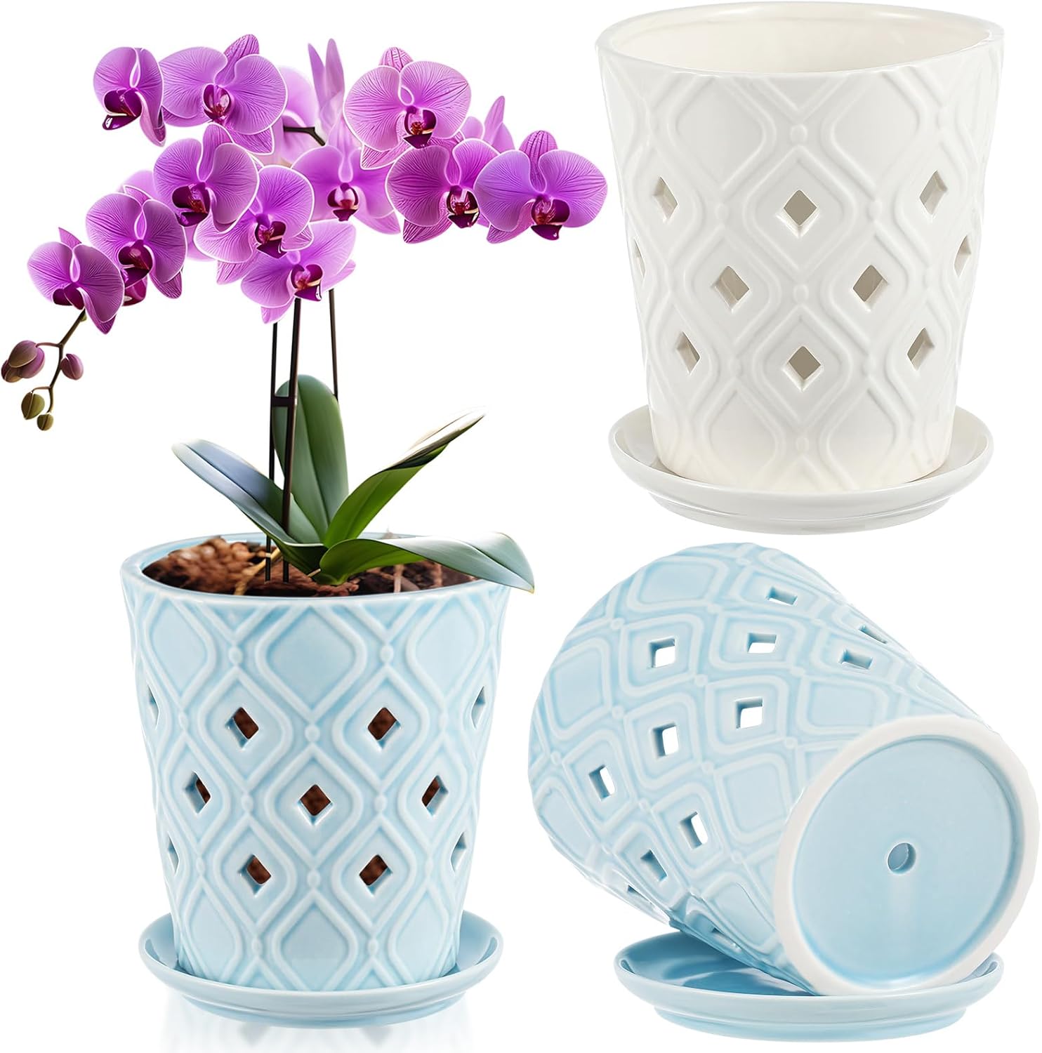 2 Pcs Orchid Pots with Holes and Saucer Ceramic Plant Pots 5 x 5.4 Inches Flower Containers for Orchids Home Indoor Outdoor with Drainage Holes, Blue and White